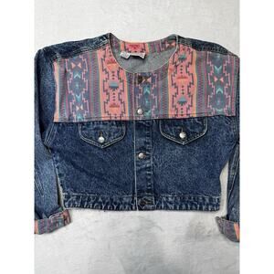 Nuovo VTG Hong Kong Southwest Denim Jacket Aztec Cropped Blue SZ M 100% Cotton